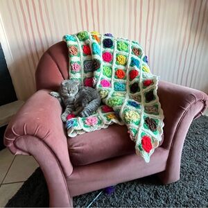 Vintage Crochet 85x68 Flower Afghan Blanket 0492 hand made homemade